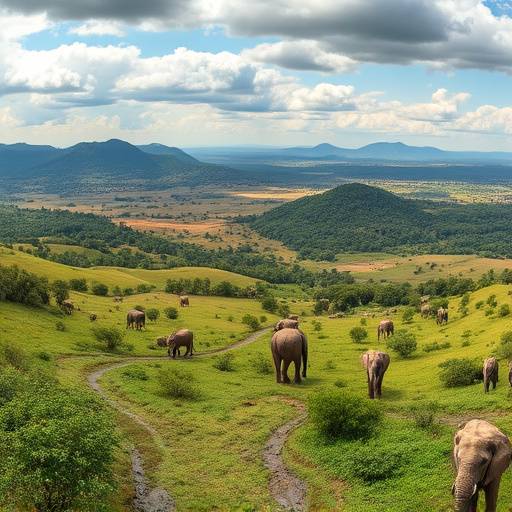 A panoramic view of Queen Elizabeth National Park, with diverse landscapes and wildlife roaming freely.