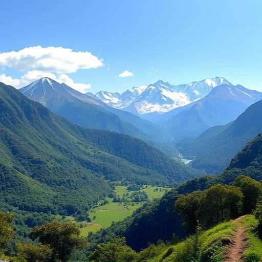 A scenic view of the Rwenzori Mountains, with snow-capped peaks and lush vegetation in the foreground.