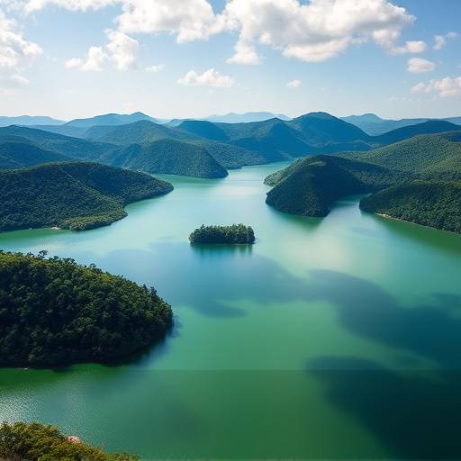 Lake Bunyonyi, surrounded by lush green hills and dotted with small islands, reflecting the sunlight.