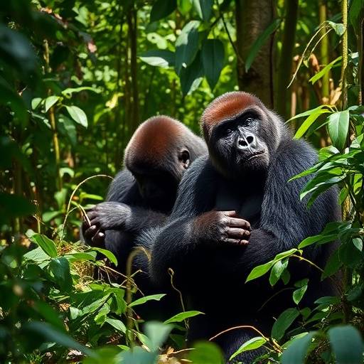 Mountain gorillas foraging in the lush rainforest of Bwindi Impenetrable National Park, Uganda
